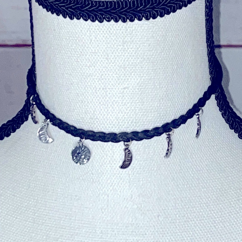 Black faux leather braided choker chain with silver moons - boho - - Picture 1 of 3